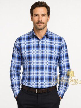 Bugatchi Men’s Shirt Long Sleeve Woven Cotton Blue Sky Plaid Print Size M
